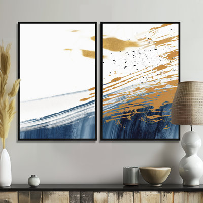 Art mural abstrait bleu foncé et or V - Fractals