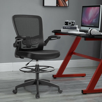 Height Adjustable Mesh Fabric Drafting Chair with Flip Up Arms, Black by Inbox Zero