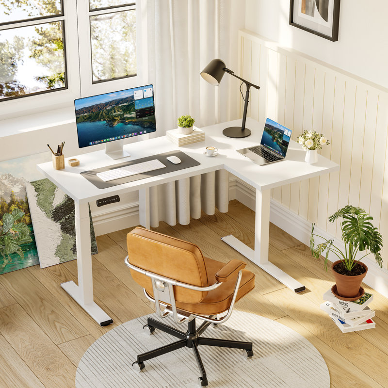 L-Shaped Home Office Height Adjustable Standing Desk, White/White, 47.2" H x 63" W x 39.4" D