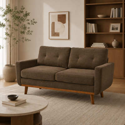 Causeuse rembourrée 65 po Mid-Century moderne avec coussins de dossier touffetés et pieds en bois massif