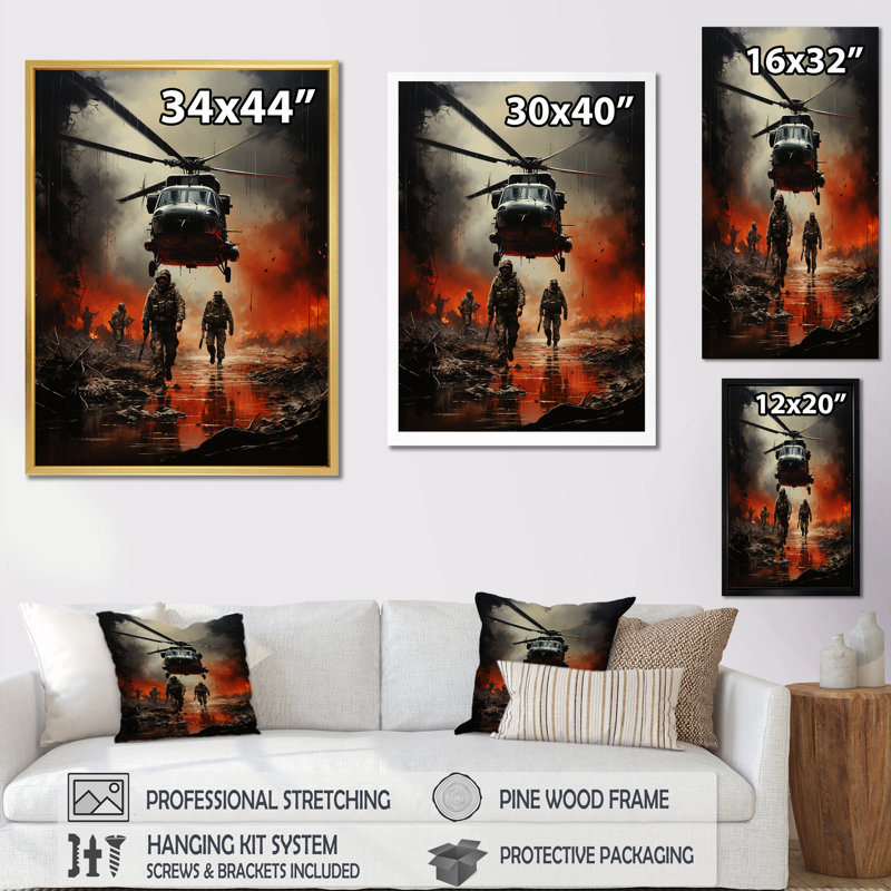 Abstrait militaire sur le champ de bataille, H 32 po x l 16 po x P 1 po, Cadre simple noir