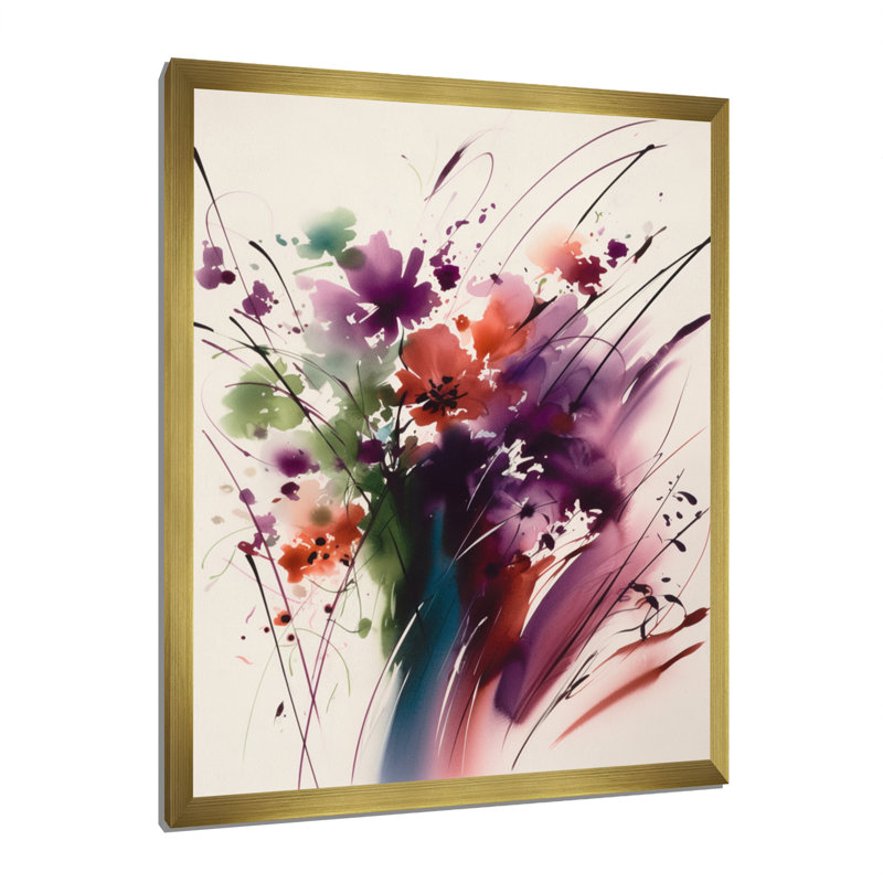 Keyva, bouquet de fleurs mauves et vertes Elegance III sur toile, H 44 po x l 34 po x P 1,5 po, Encadrement doré