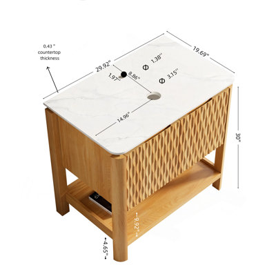 Armoire autoportante 30 po avec 2 portes et tablette ouverte, plateau en pierre frittée blanc de Carrare, sans lavabo, sans robinet et drain, couleur grain de bois
