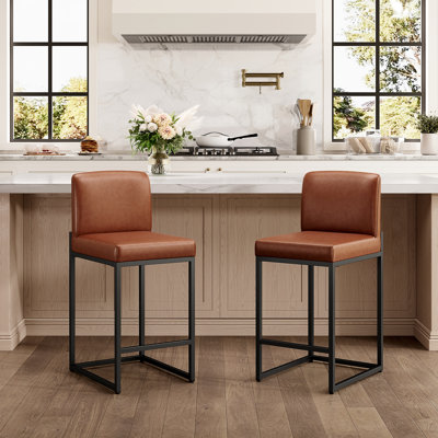 Upholstered 24" Counter Height Kitchen Stool with Metal Sled Base, Faux Leather, 3.5-in High-Density Foam & Anti-Slip Feet