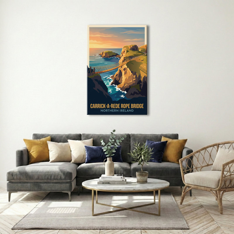 Carrick-a-Rede Rope Bridge, Northern Ireland - Coastal Romance Travel Poster. Giclee Print on Wrapped Canvas. Wall Art, Home Decor - Coastal & Maritime, Northern Ireland 1 Piece Wrapped Canvas Wall Art