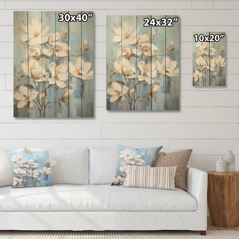 Fleur de magnolia blanche et bleue - Art mural en bois de magnolia sur bois de pin naturel, H 32 po x l 24 po