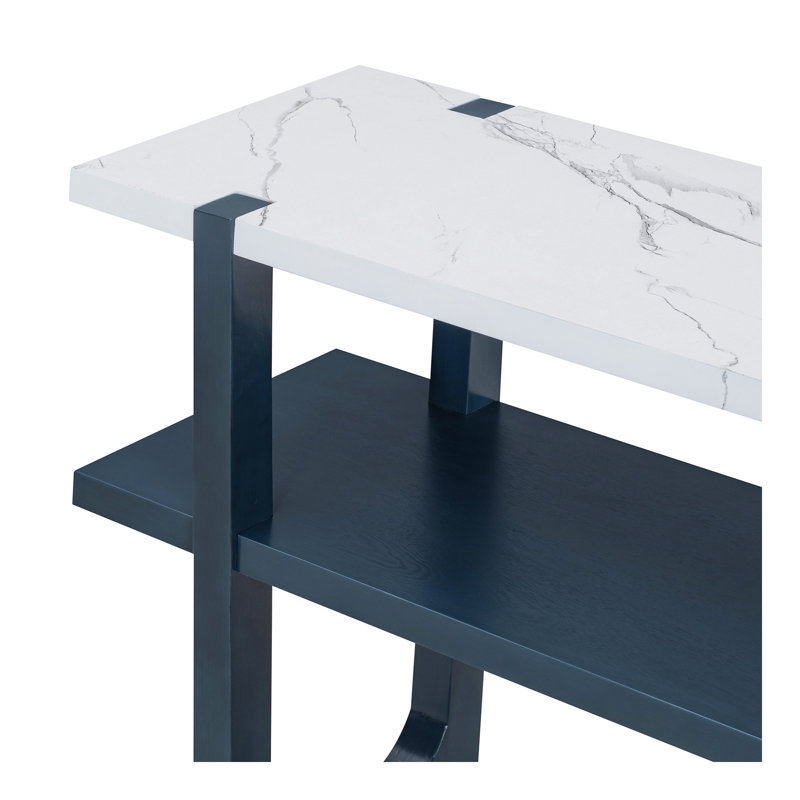 Console étroite avec plateau en marbre, table de hall d'entrée rétro avec tablette ouverte, table de canapé pour le vestibule, le couloir et le salon (bleu marine)
