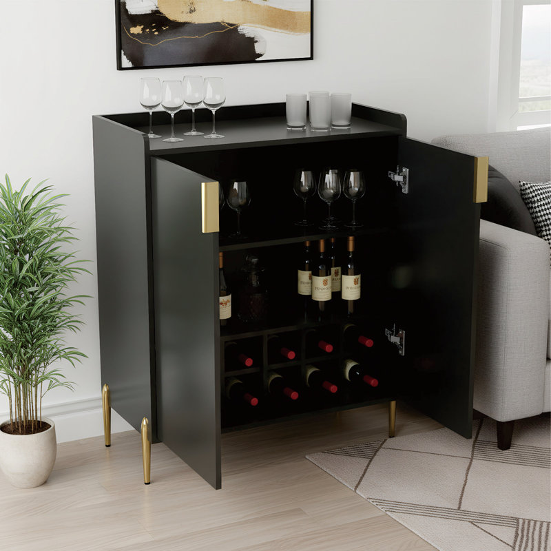 Modern Bar Cabinet With Wine Rack,Kitchen Buffet Sideboard With 2 Doors And Adjustable Shelf, Black