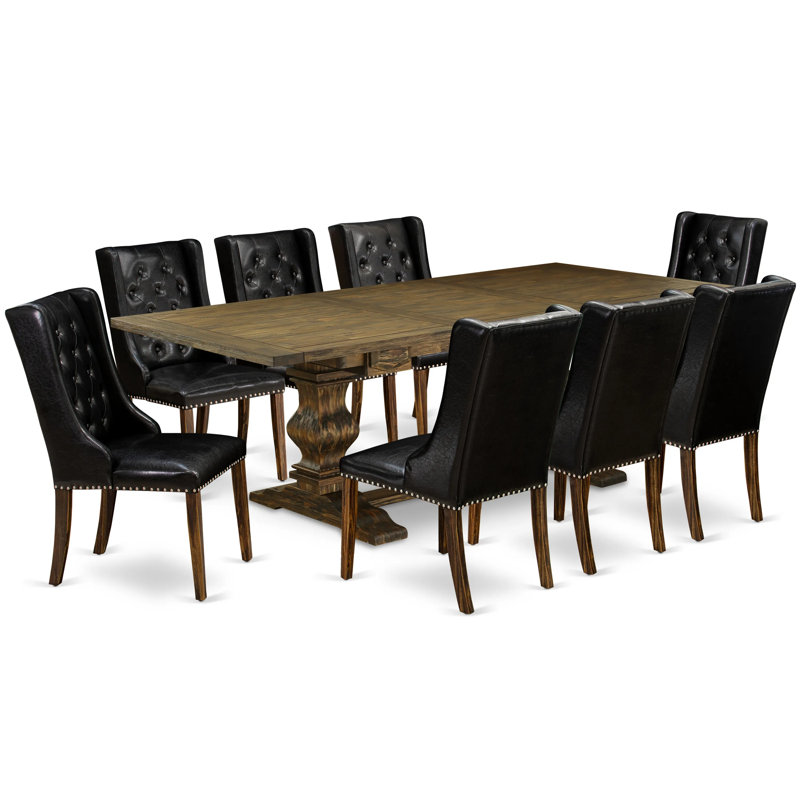 9 Piece Dining Room Table Set Includes a Rectangle Wooden Table with Removable Leaf and 8 Black Faux Leather Upholstered Chairs, Distressed Jacobean