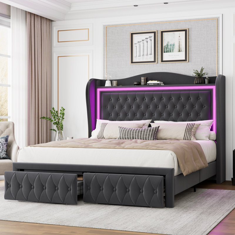 Kaliya Velvet Upholstered Platform Bed With Wingback Headboard & LED Lighting, 2 Underbed Storage Drawers, Suitable For Bedroom, Guestroom, Personalized Homestays