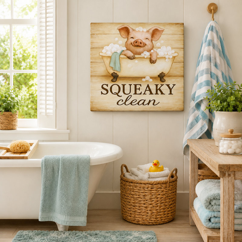«Squeaky Clean - Cochon dans la baignoire», art mural sur toile, H 30 po x l 30 po