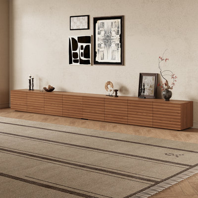Meuble télé 142 po avec 4 tiroirs, console à panneaux cannelés, meuble multimédia en bois à profil bas pour salon de 142 po, pour téléviseur de 75 po ou moins