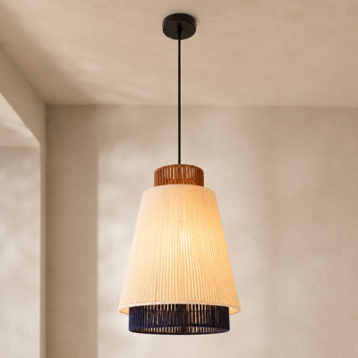 Single Natural Handmade Woven Pendant Light with Layered Fabric Shade, Modern Farmhouse Hanging Lamp