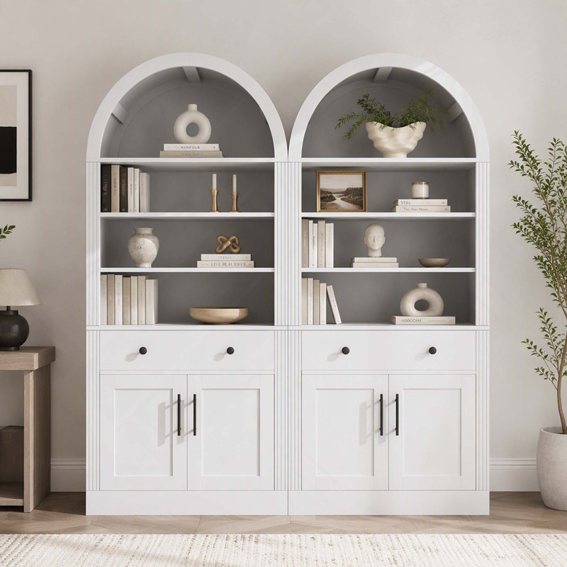 Bibliothèque haute cintrée avec portes à tiroirs et tablettes ajustables pour différents espaces, White(2PC)