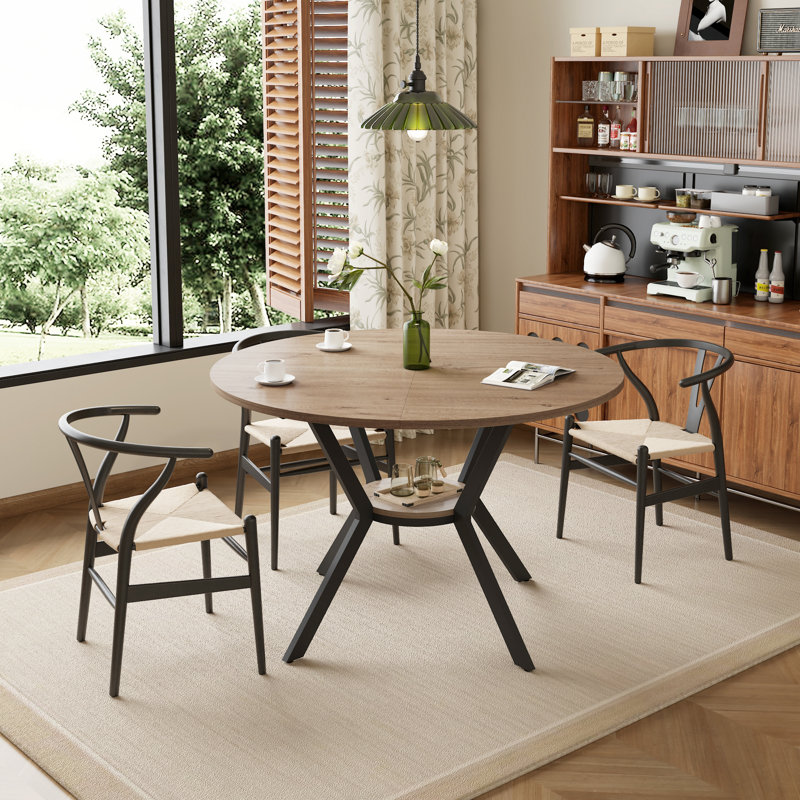 42.5-58.2 Inch Nordic Light Oak Extendable( with Rotating Extension Leaves) Round Dining Table With Storage Shelf For 4-6 People