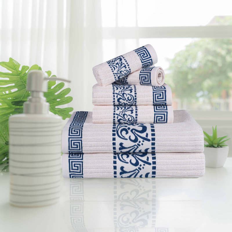 BNM Assorted 6-Piece Cotton Modern Decorative Towel Set, Ivory/Navy
