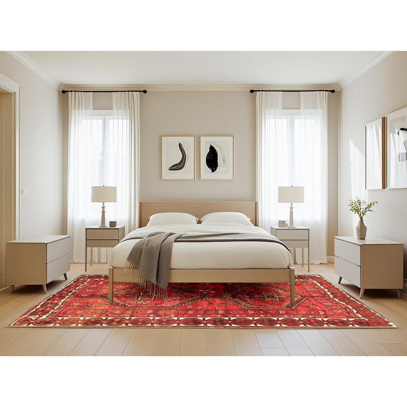 Tapis oriental en laine / polyester tissé à la machine en rouge / brun / orange, Rectangle 5 pi x 8 pi