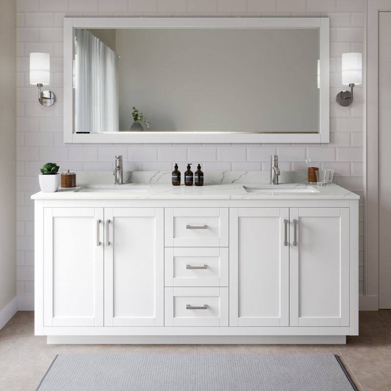 Miranda 72" Freestanding Double Bathroom Vanity with Quartz Top, Giotto Quartz, White, Brushed Nickel