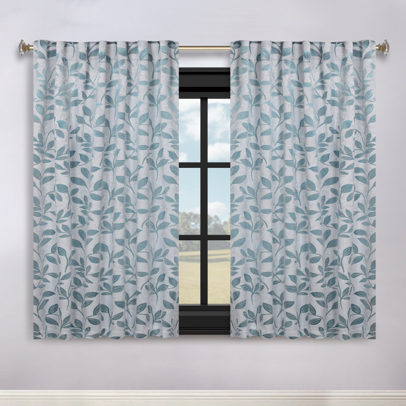 Teal Polyester Blackout Curtains with Leaf Pattern, 52" x 63"