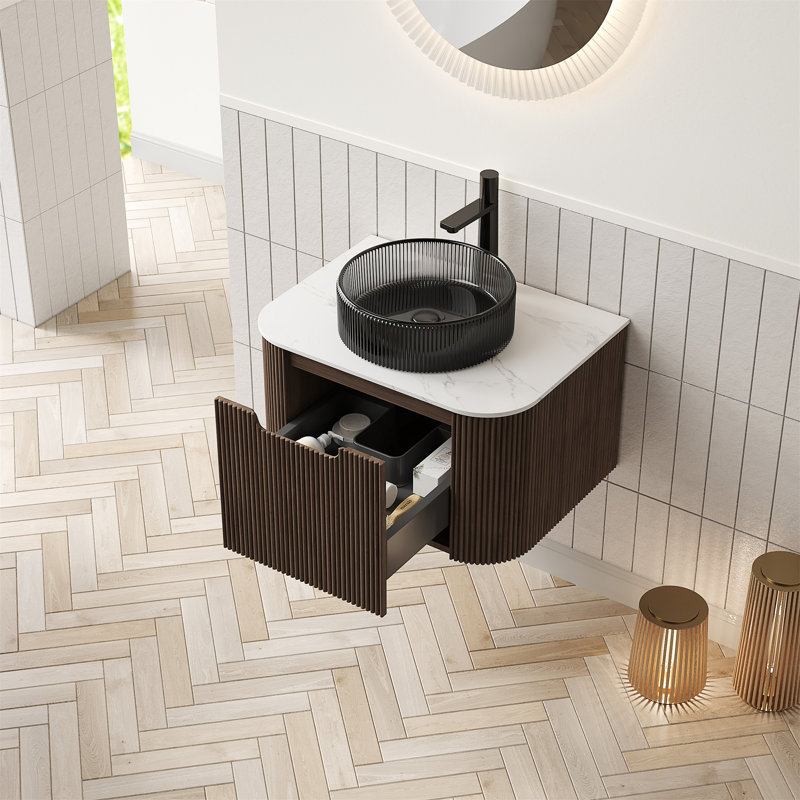 24 Inch Floating Bathroom Vanity with Curved Edges, Striped Plywood Storage Cabinet and Drawer, Modern Luxury Design