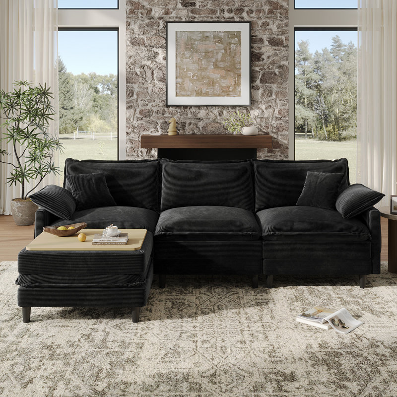 108'' Comfy  L Shaped Sectional Modular Deep Cloud Sofa with Ottoman- Premium Fabric, Black