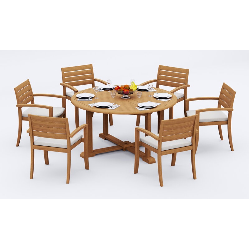 4 Seats 5 Pcs Grade-A Teak Wood Dining Set: 60" Round Table And 4 Travota Stacking Arm Chairs #11TV1204, 6