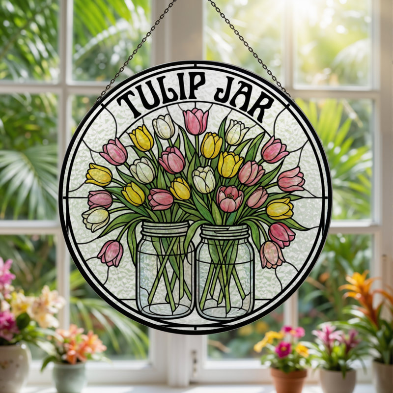 Panneau de vitrail en verre coloré 7,8 po H Tulip, H 7,8 po x l 7,8 po