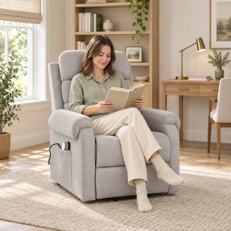 30" W Upholstered Power Recliner with Massage and Heating Side Pockets -Light Gray, Light Gray