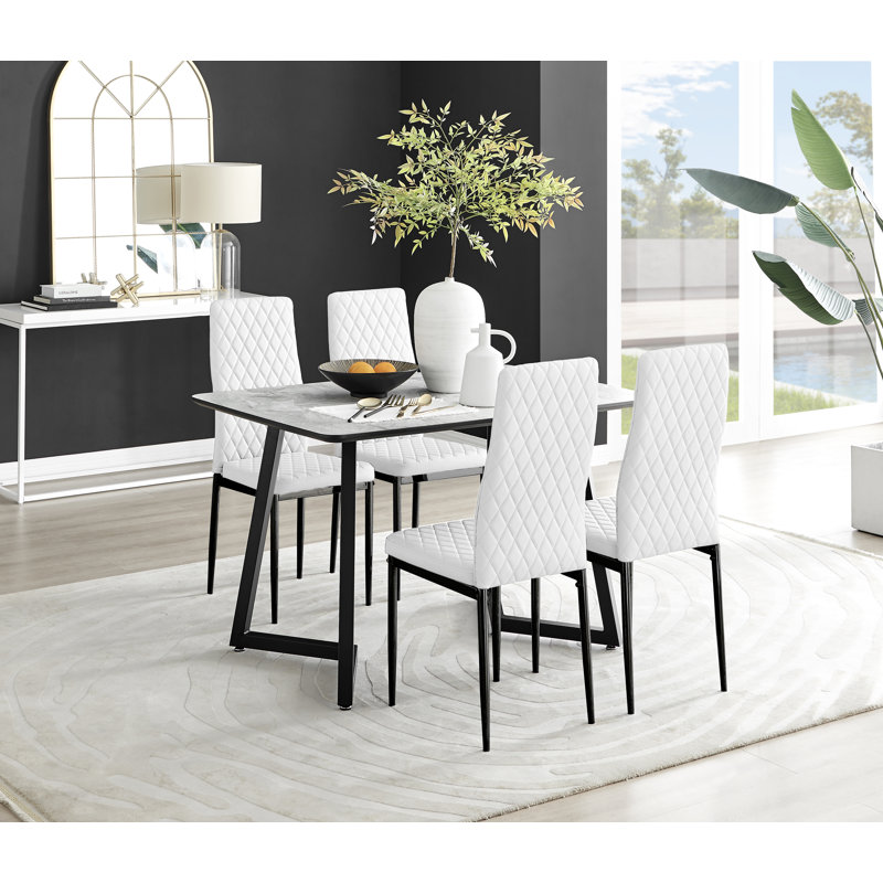 Marble Effect Melamine Dining Table and Chairs - 4 Luxury Faux Leather Dining Chairs, White/Black