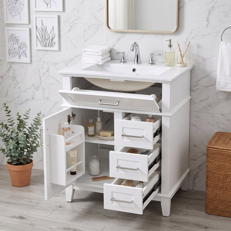 Meuble-lavabo autoportant avec lavabo en céramique, porte à fermeture en douceur, tiroir rabattable et tablette réglable