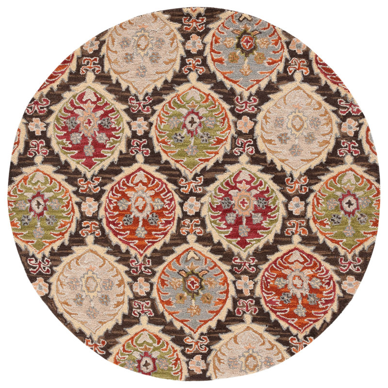 Roshanta Hand Tufted Wool Cotton Damask Rug in Red/Green, Round 6'