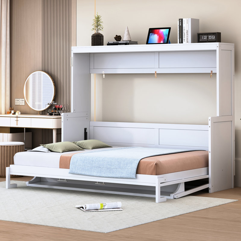 Lit double, couleur blanche, bureau hydraulique pliable, peu encombrant pour les petits espaces de vie, support de 600 lb, rangement pour matelas intégré