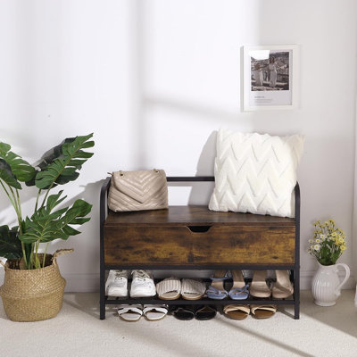 Banc à chaussures 33 po avec rangement - Range-chaussures en bois avec cadre en métal industriel pour le vestibule, la chambre à coucher et le couloir (brun rustique / noir)