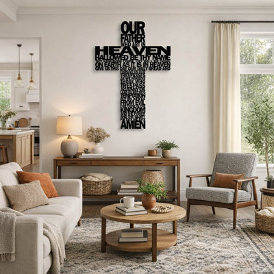 Metal Cross Wall Decor, Rustic Farmhouse Prayer Text Wall Art, Black Christian Hanging Decor