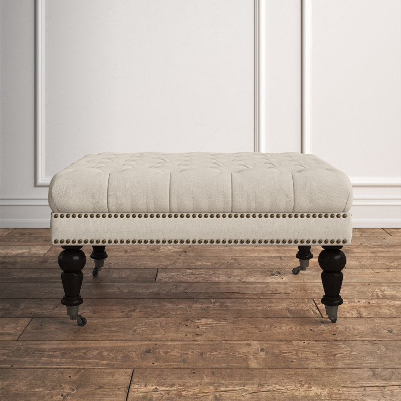 Landis 35" Nailhead Trim Tufted Upholstered Ottoman, Natural Polyester