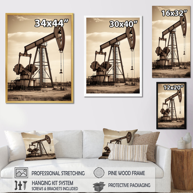 «Modern Sepia Drilling Rig Field II», reproduction sur toile, Cadre flottant doré, H 32 po x l 24 po x P 1 po