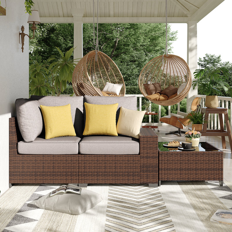 2 -Person Rattan Patio Safo With Cushions, Gray, Brown