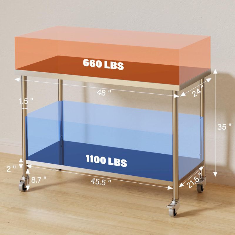Table en acier inoxydable, table de préparation à 2 niveaux NSF 48 "x 24" avec roulettes verrouillables et sous tablette réglable, table de travail commerciale robuste pour restaurant, maison, cuisine, intérieur, extérieur