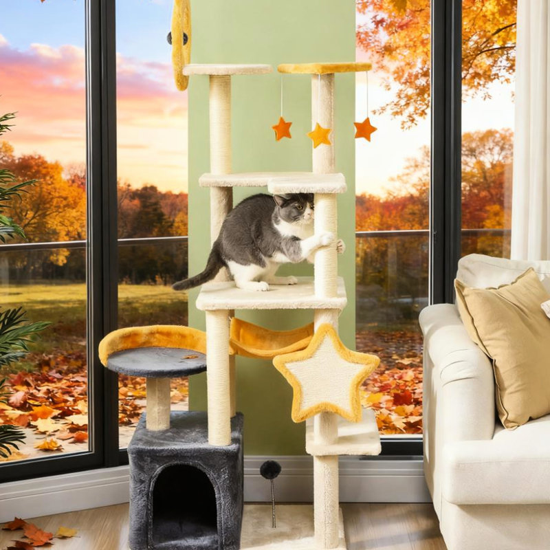 Arbre à chat 63 pouces en forme de lune et d'étoiles, lit, planche à gratter, confort, base solide, conception à embouts, pour 1 2 chats de moins de 11 lb avec thème, poteaux multiples, fabrication, convenable