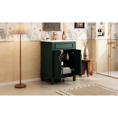 Meuble-lavabo de 24 po avec lavabo, structure en bois massif, charnières, planches, grand espace de rangement, lavabo en céramique brillante, style rétro et poignée en métal exquise pour l'organisation moderne du haut 2 portes, réglable