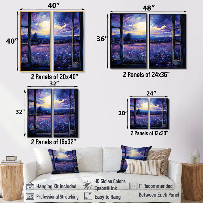 Lavande Horizon Country Side Windows II - Farm Farm Windows Wall Decor 2-pièces, H 36 po x l 48 po, Noir