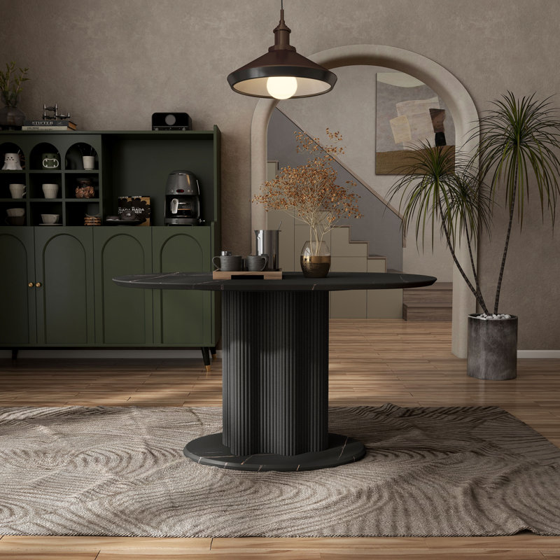 Table de salle à manger Ciani avec plateau en faux marbre et base cannelée, Marbre noir, Noir, noir, noir, noir