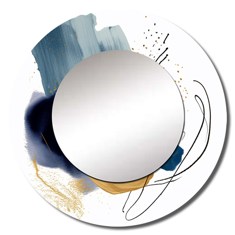 Landscape of Dark Blue and Gold Strokes V - Geometric Decorative Mirror, Blue Round Wall Mirror, Printed Metal Art, 29" x 29"