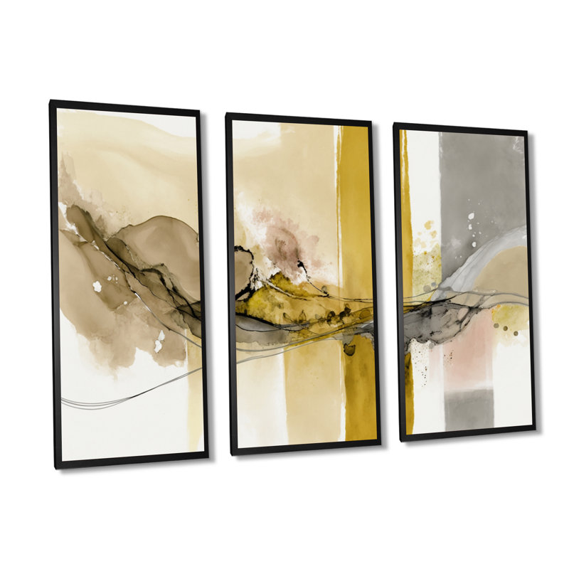 Moutarde jaune Secrets IV - ensemble abstrait d'art sur toile à encre liquide_80442, Toile encadrée noire