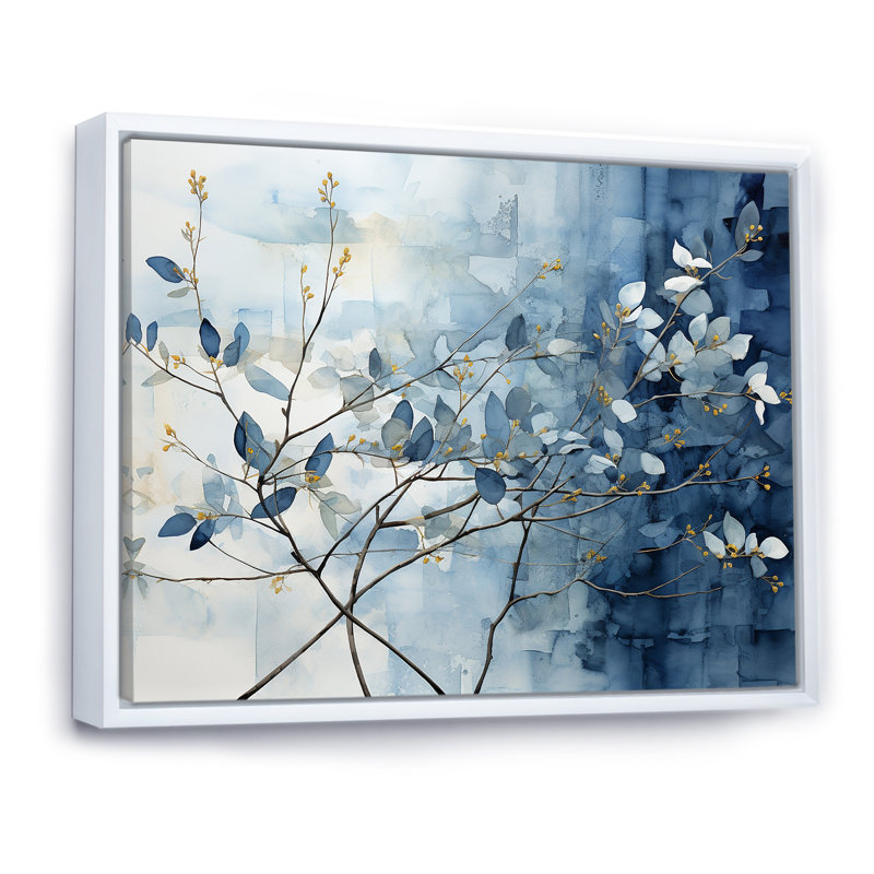 Art mural bleu et gris sur une branche I - Feuilles, H 12 po x l 20 po x P 1 po, Cadre flottant blanc