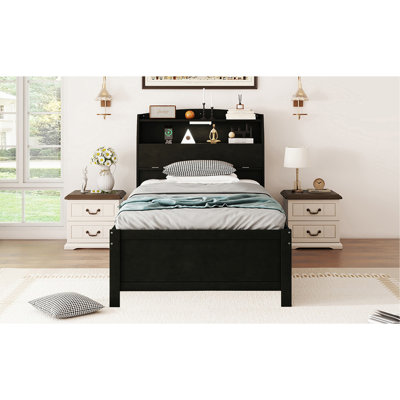 Lit plateforme simple en bois avec lit gigogne et tête de lit à DEL avec tiroirs, espresso