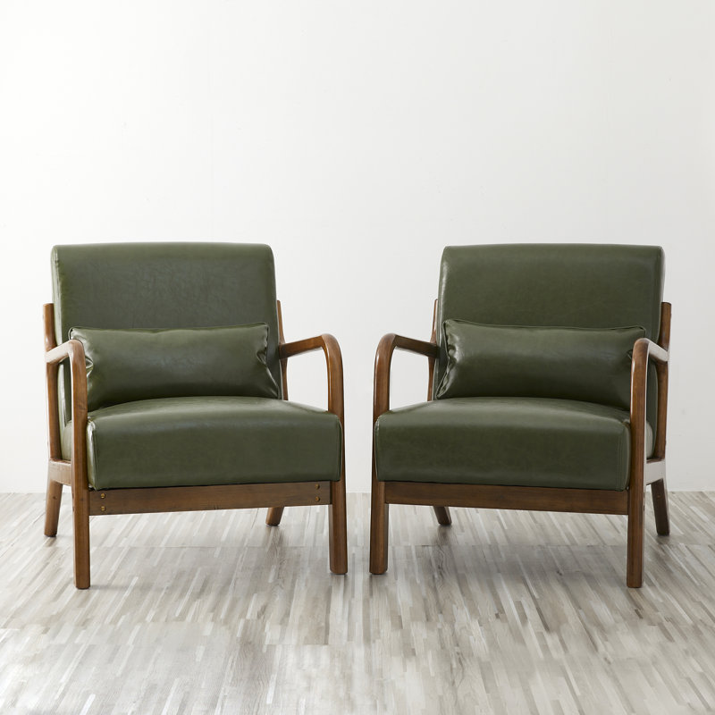 Fauteuil en cuir Jabarius, Structure noyer / coussin vert forêt