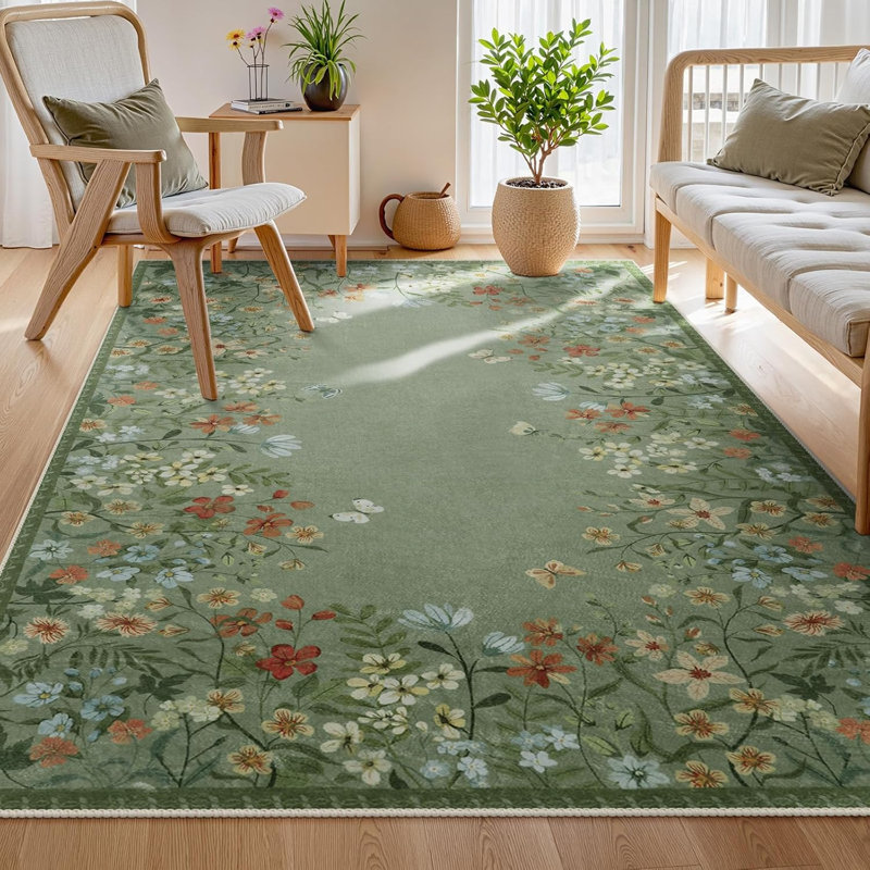 Vintage Floral Washable Area Rug with Non-Slip Backing, Low-Pile Green Rug for Living Room, Bedroom & Dining Room