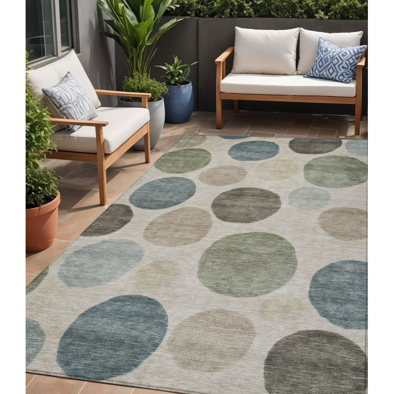 Tapis extérieur lavable géométrique vert kaki et bleu sarcelle 5 pi x 8 pi