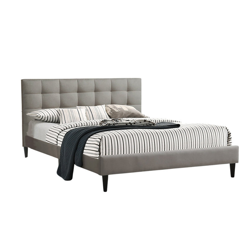 California King Gray Upholstered Platform Bed with Tufted Headboard